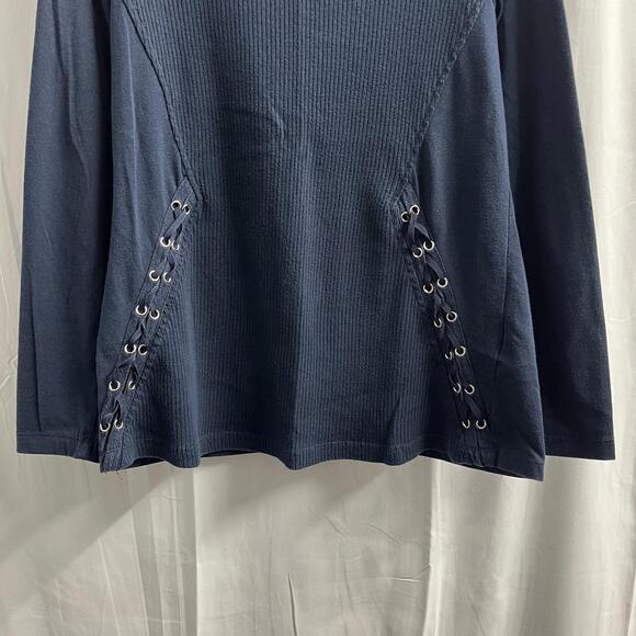 Grenier whimsy goth grunge lace eyelets details navy quarter sleeves shirt Sz M - Picture 2 of 9